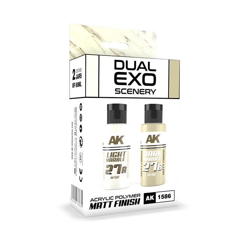 AK Dual Exo Scenery paint set with two 60ml bottles: Light Marble and Dark Marble acrylic matt finish