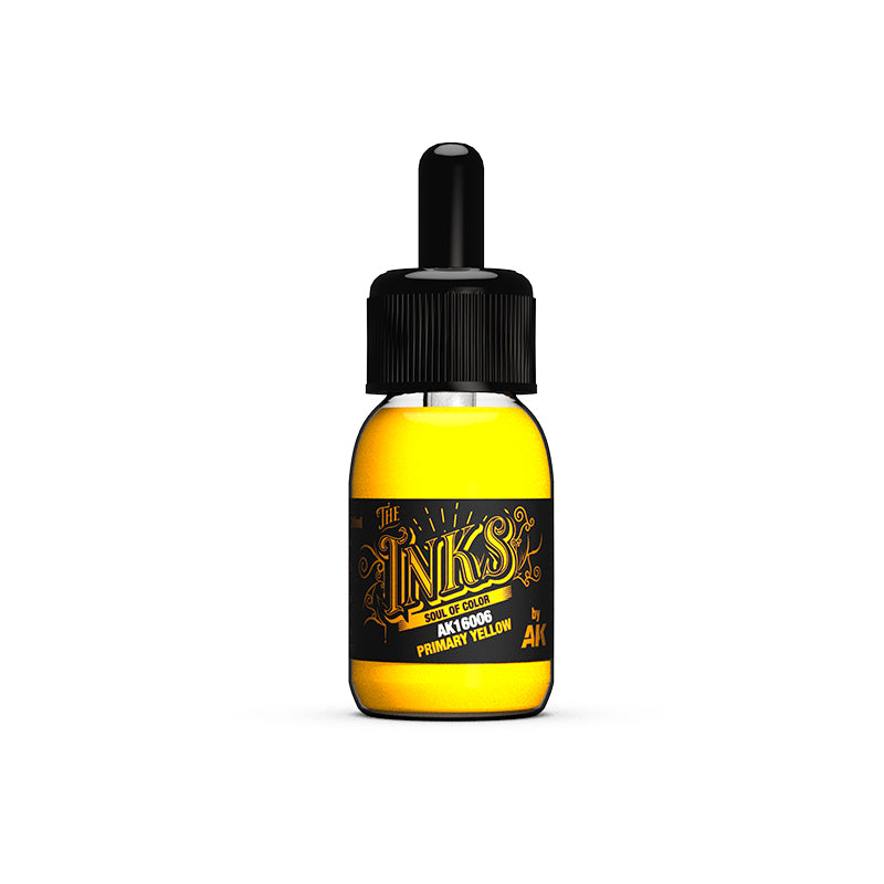 A yellow bottle of AK Primary Yellow ink with a black dropper cap