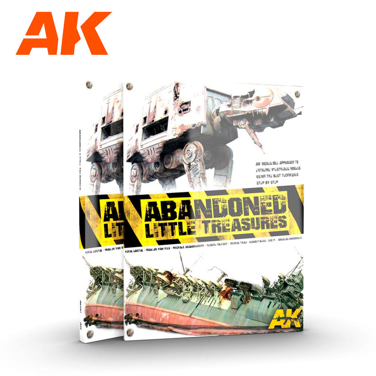 Two AK "Abandoned Little Treasures" modeling books showcasing intensely weathered AT-AT walker and ship models.