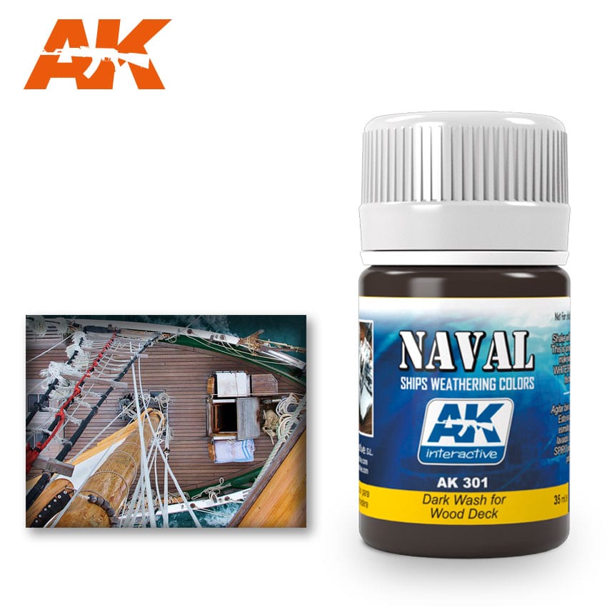 Dark brown AK Naval Dark Wash for Wood Deck paint bottle. An inset image shows a wooden ship deck