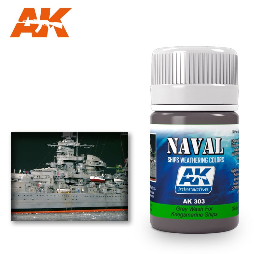 A bottle of AK 303 Grey Wash for Kriegsmarine Ships, next to a detailed, weathered model battleship