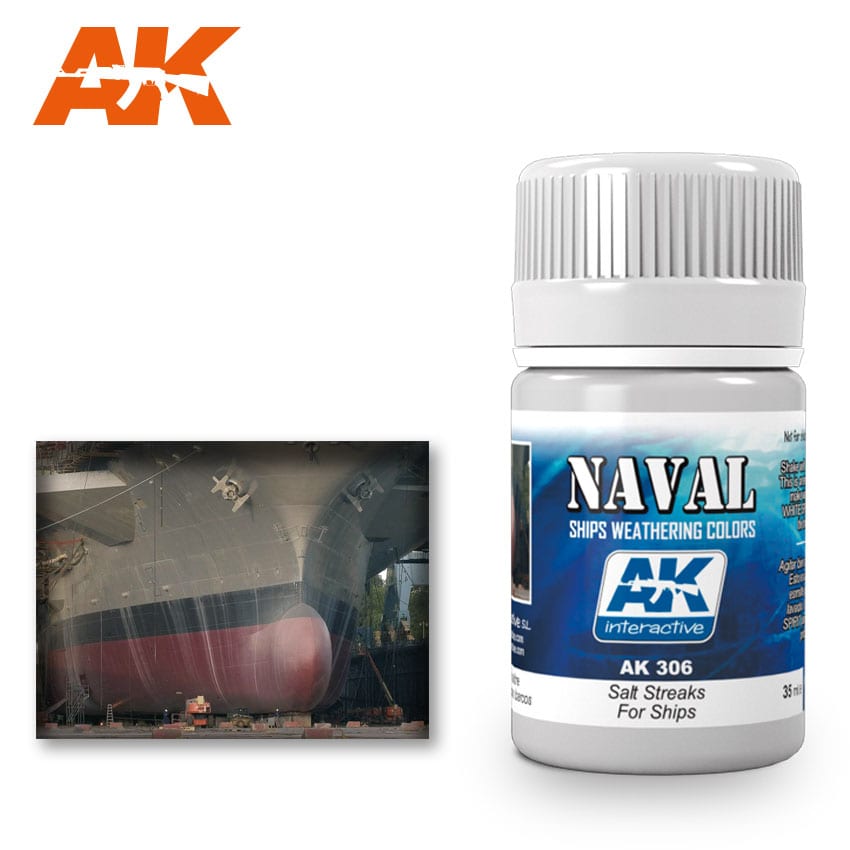 AK Interactive Naval Ships Weathering Colours AK 306 Salt Streaks For Ships a 35ml bottle of enamel effect paint displayed next to an image of a large ship&#39;s bow in dry dock showing weathered hull details