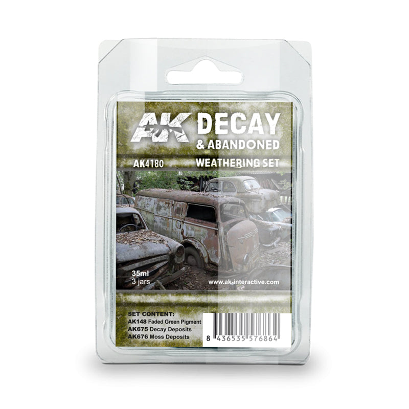 A clear plastic blister pack for the AK Decay & Abandoned Weathering Set, featuring an image of rusty, derelict cars and a van in a junkyard