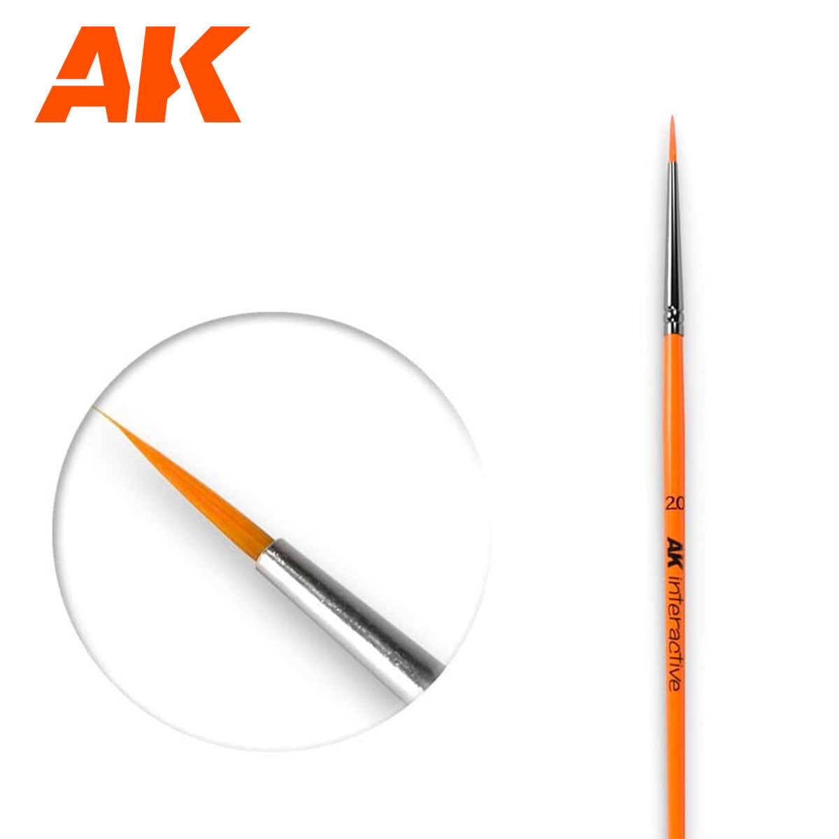 AK Interactive orange fine-tip paint brush with a circular inset showing its sharp point