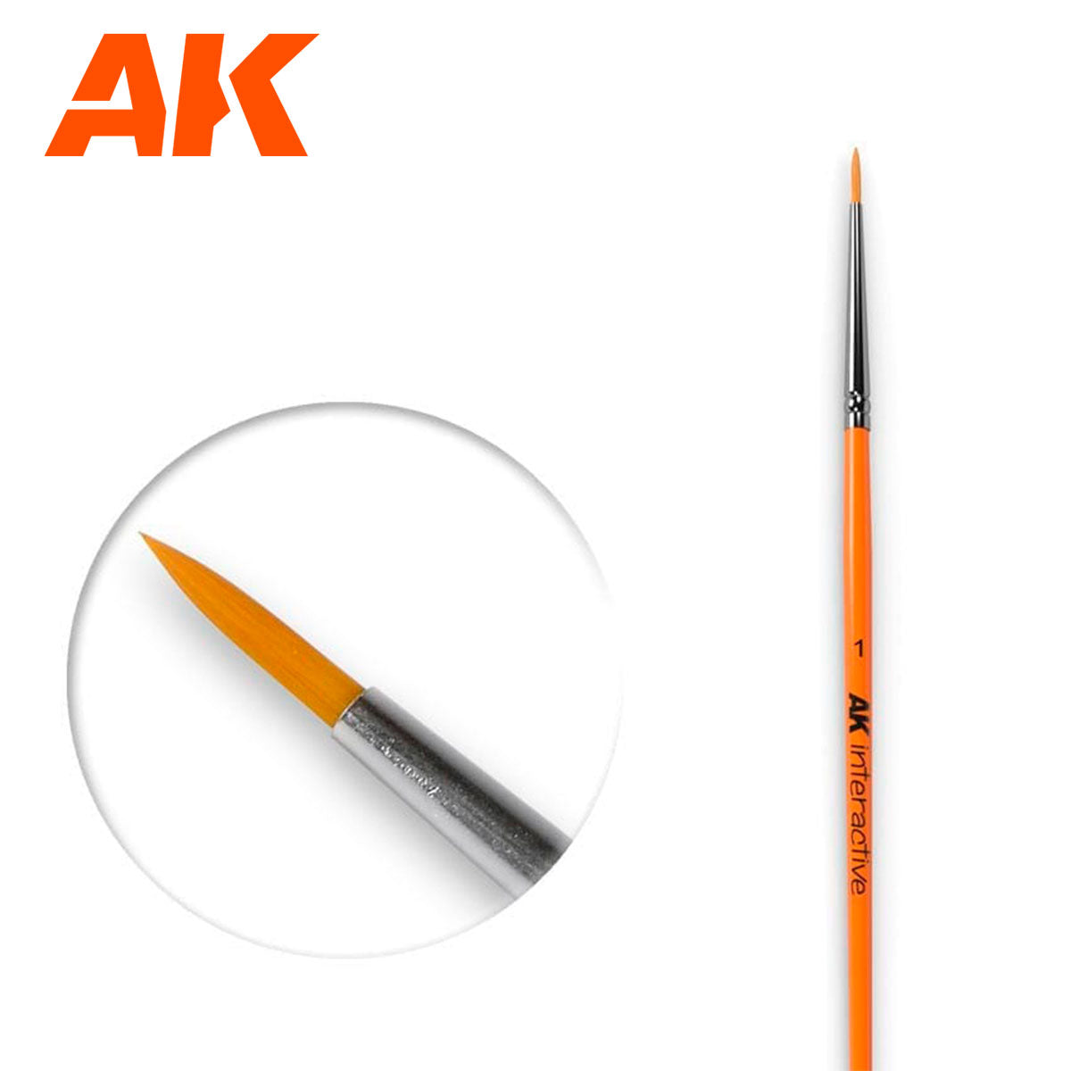 AK Interactive size 1 paint brush with an orange handle and fine, pointed orange bristles. A magnified inset shows the brush tip