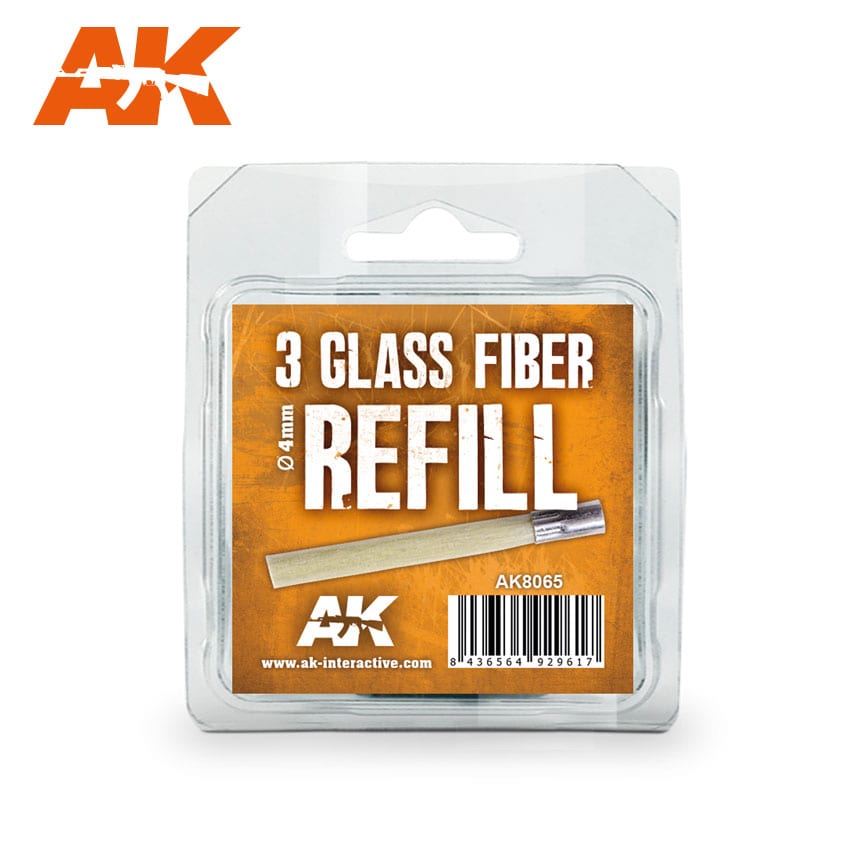 AK-Interactive 3 Glass Fiber Refill (4mm) in clear blister packaging with an orange product label