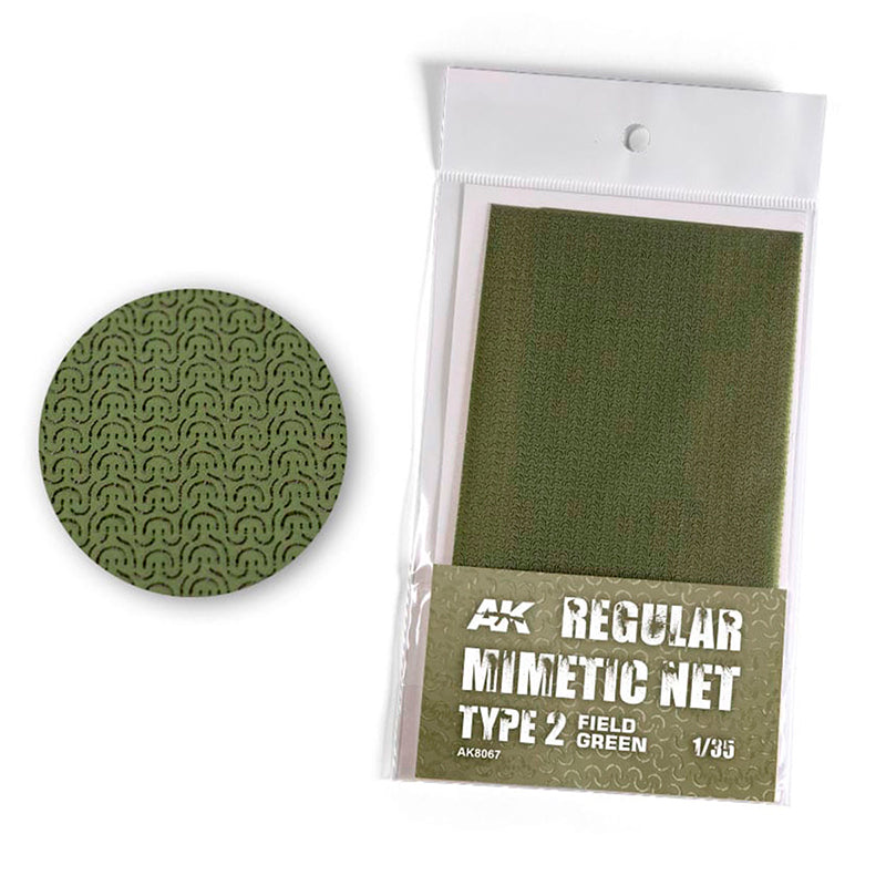 Packaged AK Regular Mimetic Net Type 2 (Field Green, 1/35) for models, with a swatch showing its patterned texture