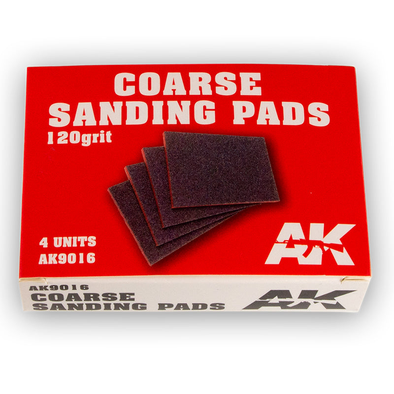 Red box of AK Coarse Sanding Pads, 120 grit, with four dark square pads displayed