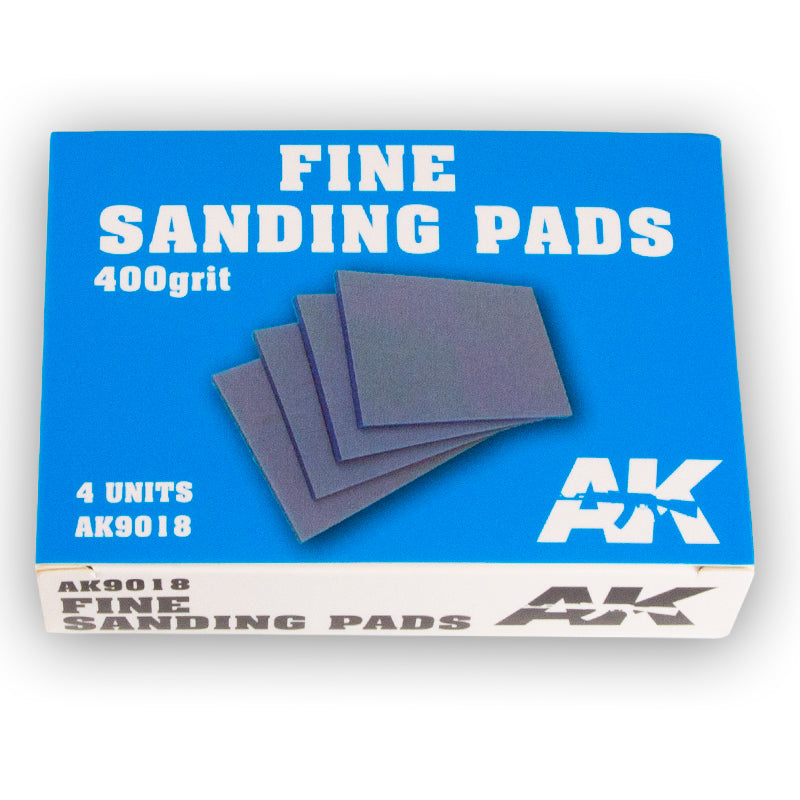 A blue product box for 400 grit fine sanding pads, showing four gray square pads and text indicating FINE SANDING PADS 400grit 4 UNITS