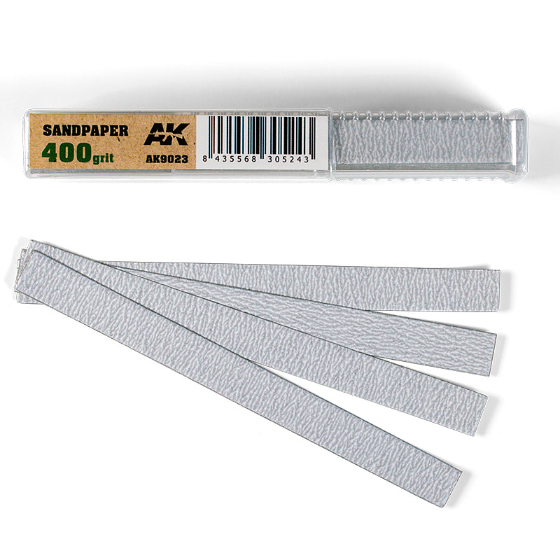 AK 400 grit sandpaper strips in clear packaging, with several light gray strips fanned out