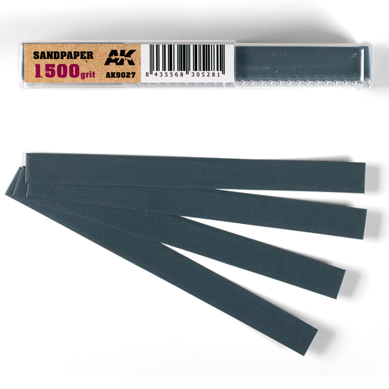 AK Interactive 1500 grit dark grey sandpaper strips, displayed with a clear plastic package labeled 'Sandpaper AK'