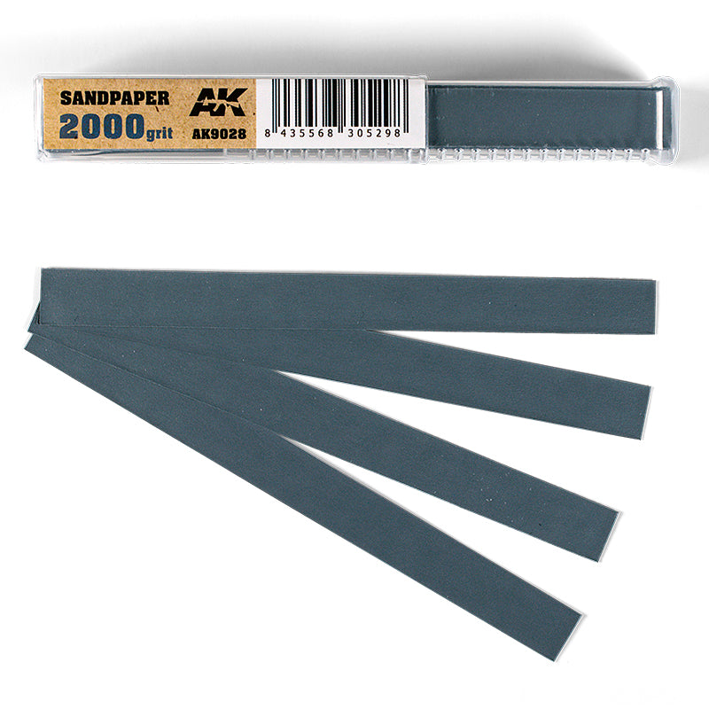 AK Interactive 2000 grit dark grey sandpaper: clear case and four strips fanned out