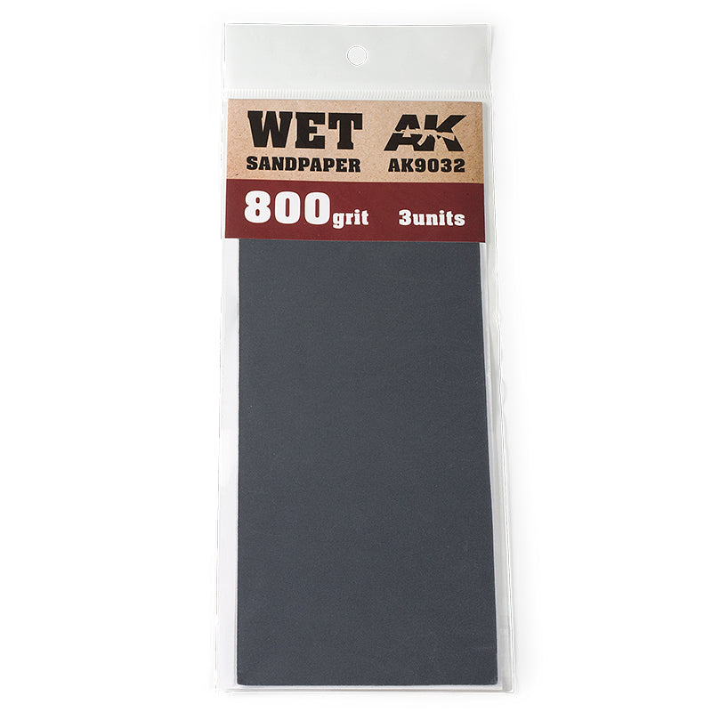 WET AK Interactive 800 grit sandpaper, 3 dark grey sheets in clear packaging