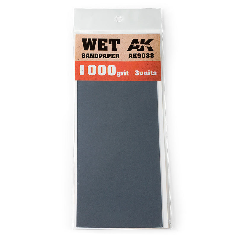 WET AK Interactive 1000 grit sandpaper, 3 dark grey sheets in clear packaging