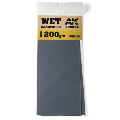 AK Wet Sandpaper, 1200 grit, 3 sheets, in clear plastic packaging