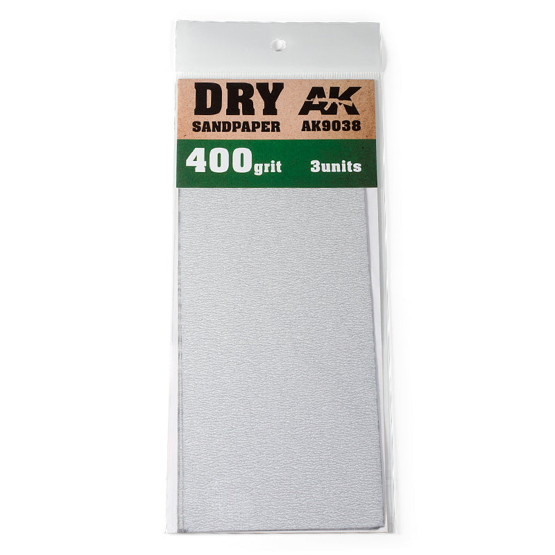 AK Interactive 400 grit dry sandpaper, 3 units, in clear plastic packaging