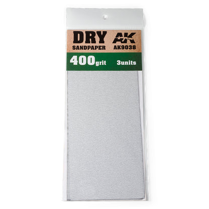 AK Interactive 400 grit dry sandpaper, 3 units, in clear plastic packaging