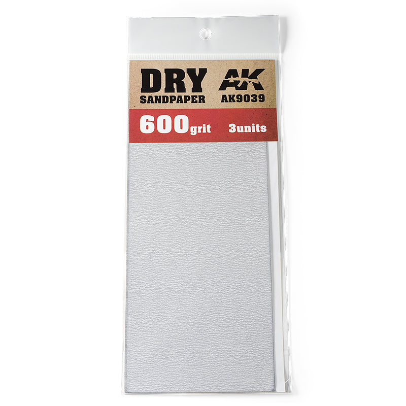 AK Interactive Dry Sandpaper, 600 grit, 3 units, in clear retail packaging