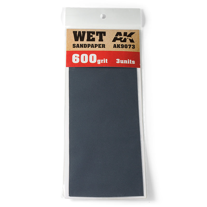 AK Interactive Wet Sandpaper, 600 grit, 3 units, in clear retail packaging