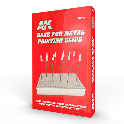 Red AK box for painting clips base -  showing a grid stand with multiple alligator clips on rods for holding model parts