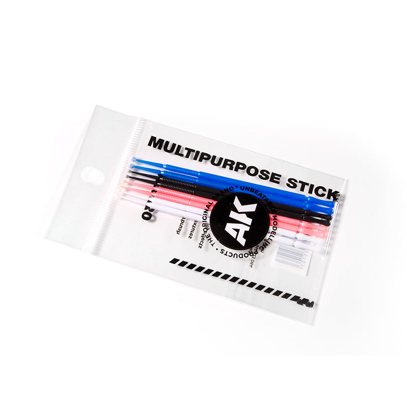 Clear plastic pack of AK Interactive Multipurpose Sticks: blue, black, pink, and white precision applicators