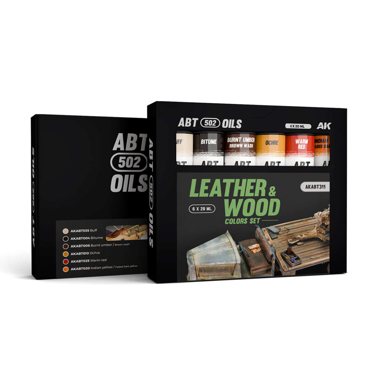 Black ABT 502 OILS Leather & Wood color set. Contains 6x20ml bottles; shows a weathered model on the front