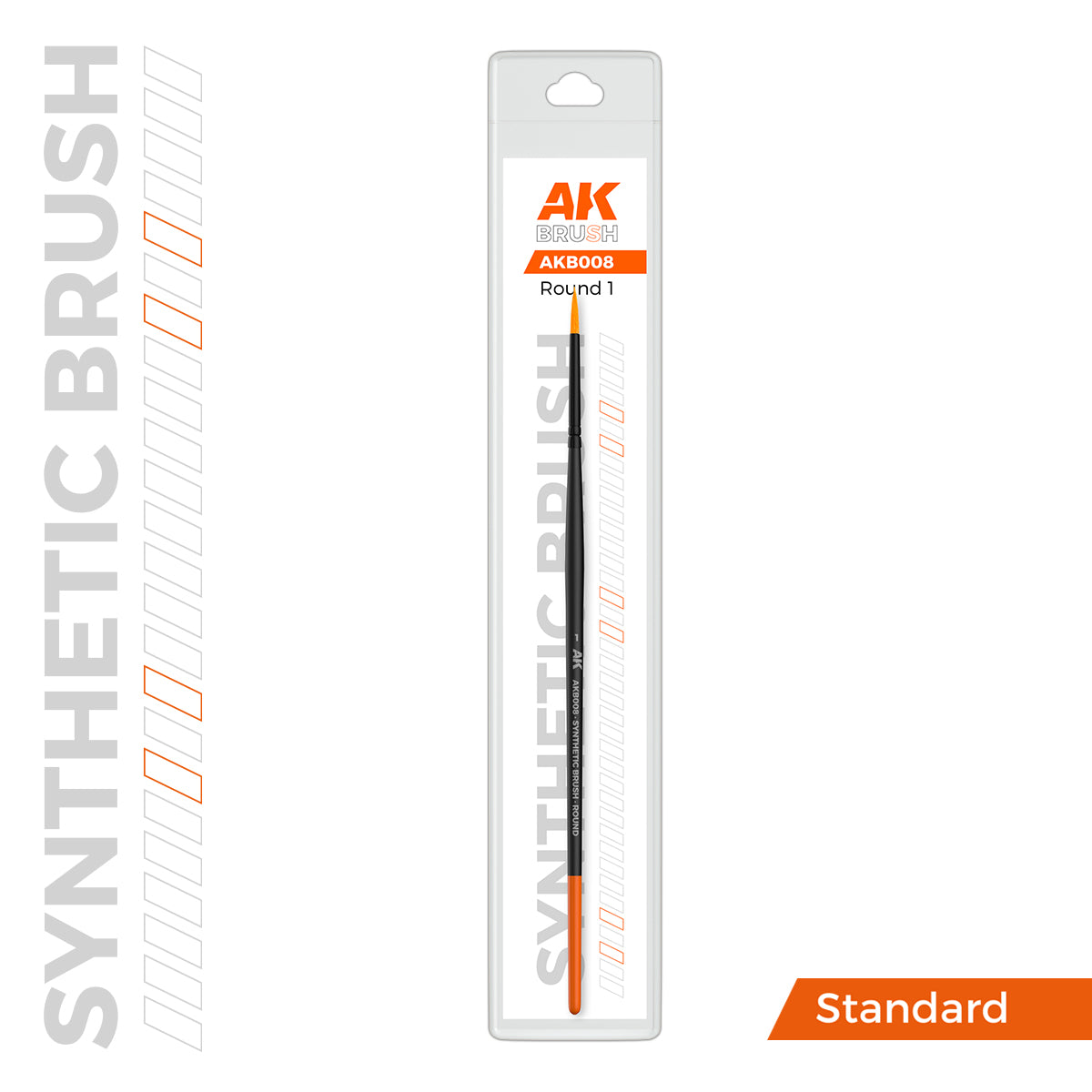 Packaged AK Synthetic Round 1 paintbrush with black handle and orange bristles, labeled AKB008