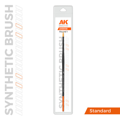 Packaged AK Synthetic Round 1 paintbrush with black handle and orange bristles, labeled AKB008