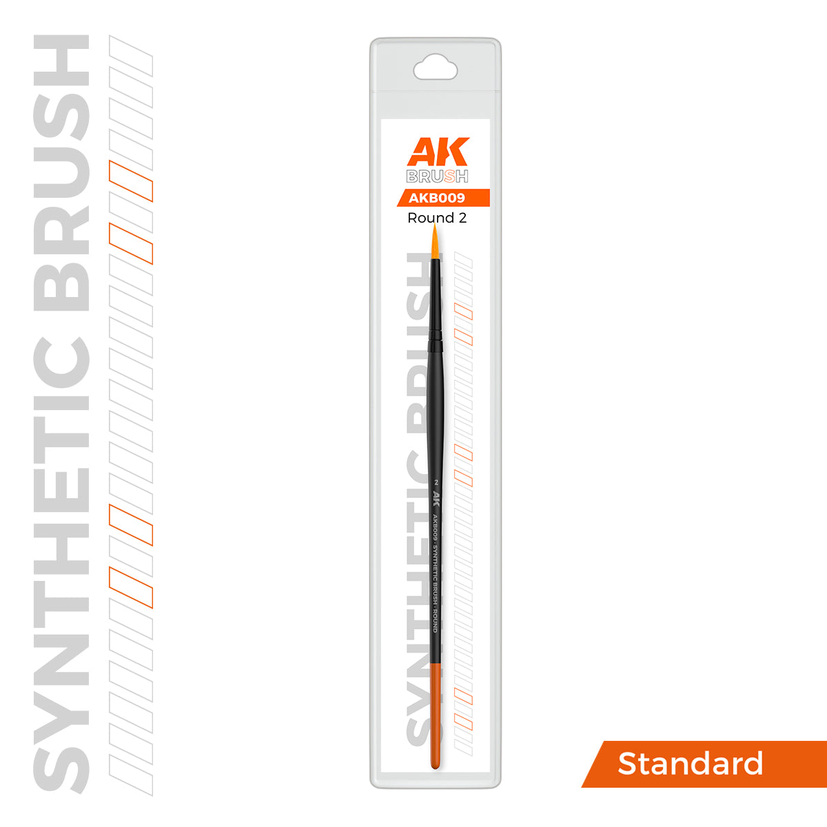 AK Brush synthetic Round 2 paint brush with a black handle and orange ends, in clear retail packaging