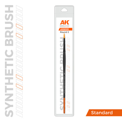 AK Brush synthetic Round 2 paint brush with a black handle and orange ends, in clear retail packaging