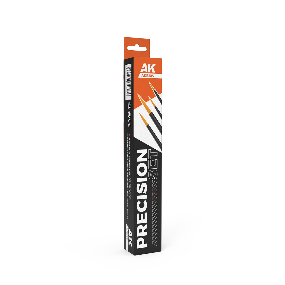A tall white and orange box for an AK Interactive Precision Brushes 4-Pieces Set, with graphics of fine-tipped brushes on its front