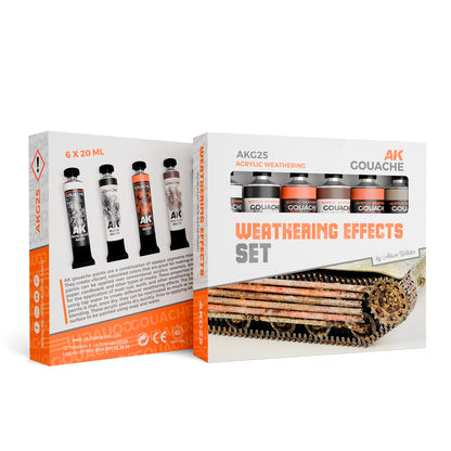 AK Gouache Weathering Effects Set: Two product boxes showing paint tubes, bottles, and a weathered tank track model