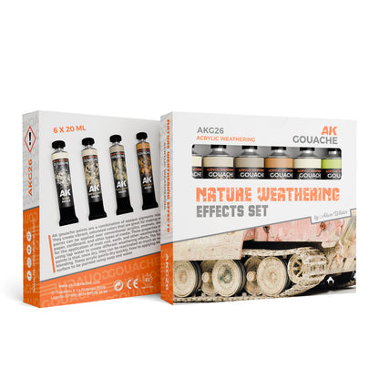Two boxes of a nature weathering effects paint set, one showing four paint tubes and the other displaying six small paint jars and a tank track