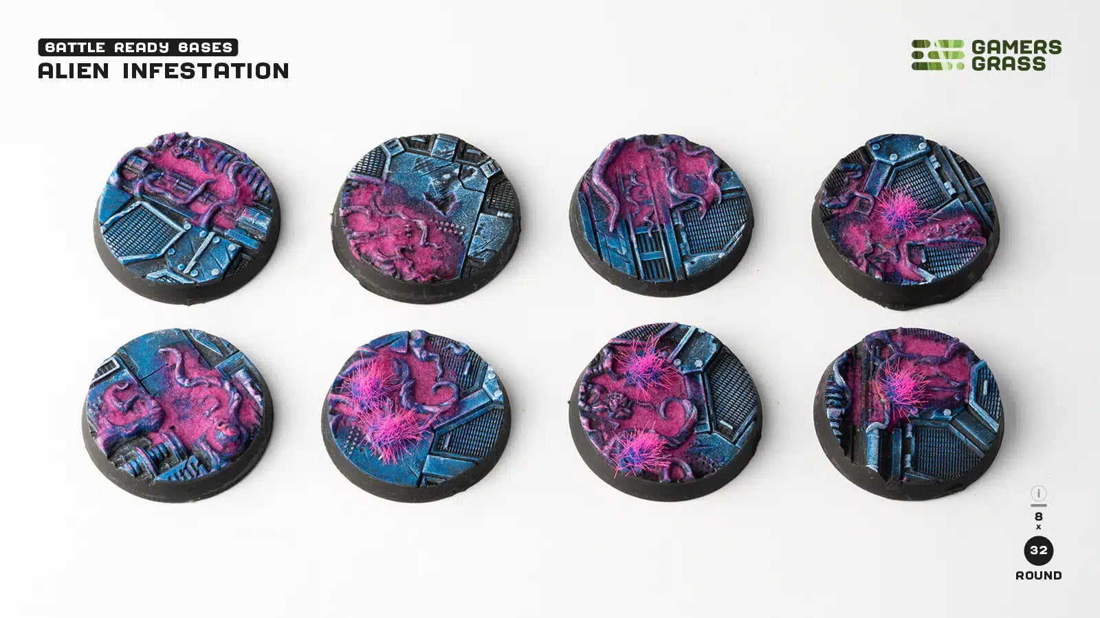 Eight round wargaming bases, showing pink alien infestation spreading over detailed blue industrial terrain