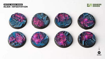 Eight round wargaming bases, showing pink alien infestation spreading over detailed blue industrial terrain
