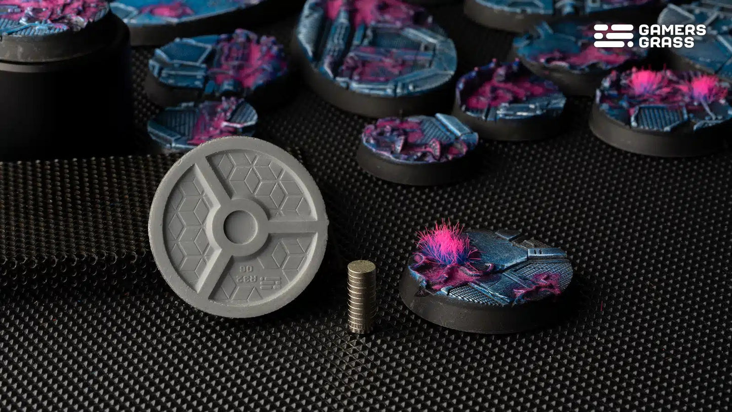 Miniature bases, stack of magnets, and base magnetization tool for wargaming models
