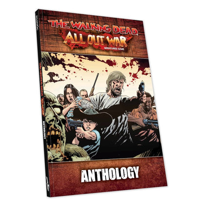 The Walking Dead All Out War Miniatures Game Anthology cover: Armed survivors battle a zombie, led by a man with a pistol