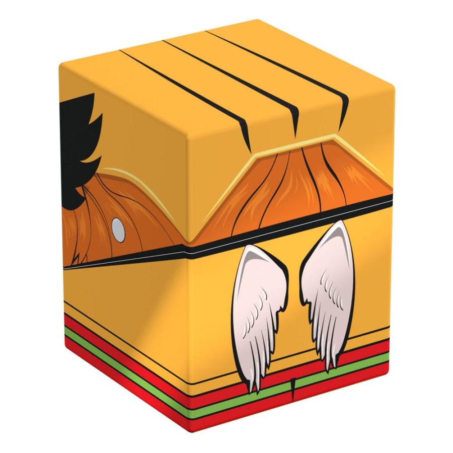 Yellow storage box with orange spiky hair design, white wings, and red/green trim