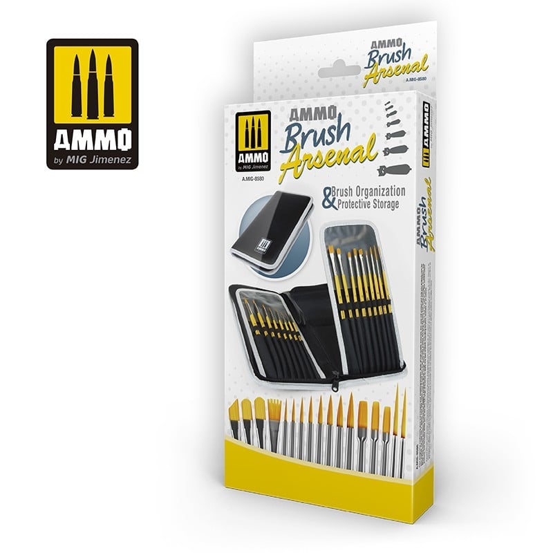 The Brush Arsenal Brush Organization &amp; Protective Storage Set box, showing an open zippered case filled with various yellow-tipped paintbrushes