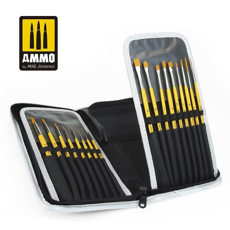 An open Brush Arsenal brush set with two compartments holding multiple yellow-handled paint brushes