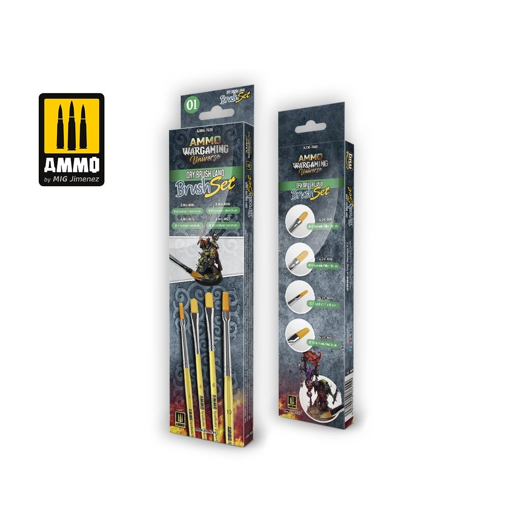 Two AMMO Dry Brush Land Brush Sets. One box shows a miniature being painted, the other has brush close-ups.