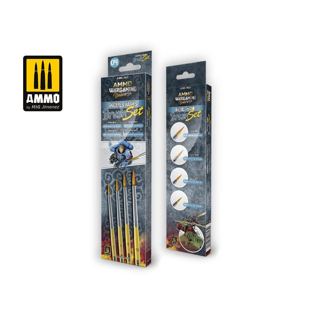 Two AMMO by MIG Jimenez 'Shaders & Washes BrushSet' packages, displaying various paint brushes for miniature painting.