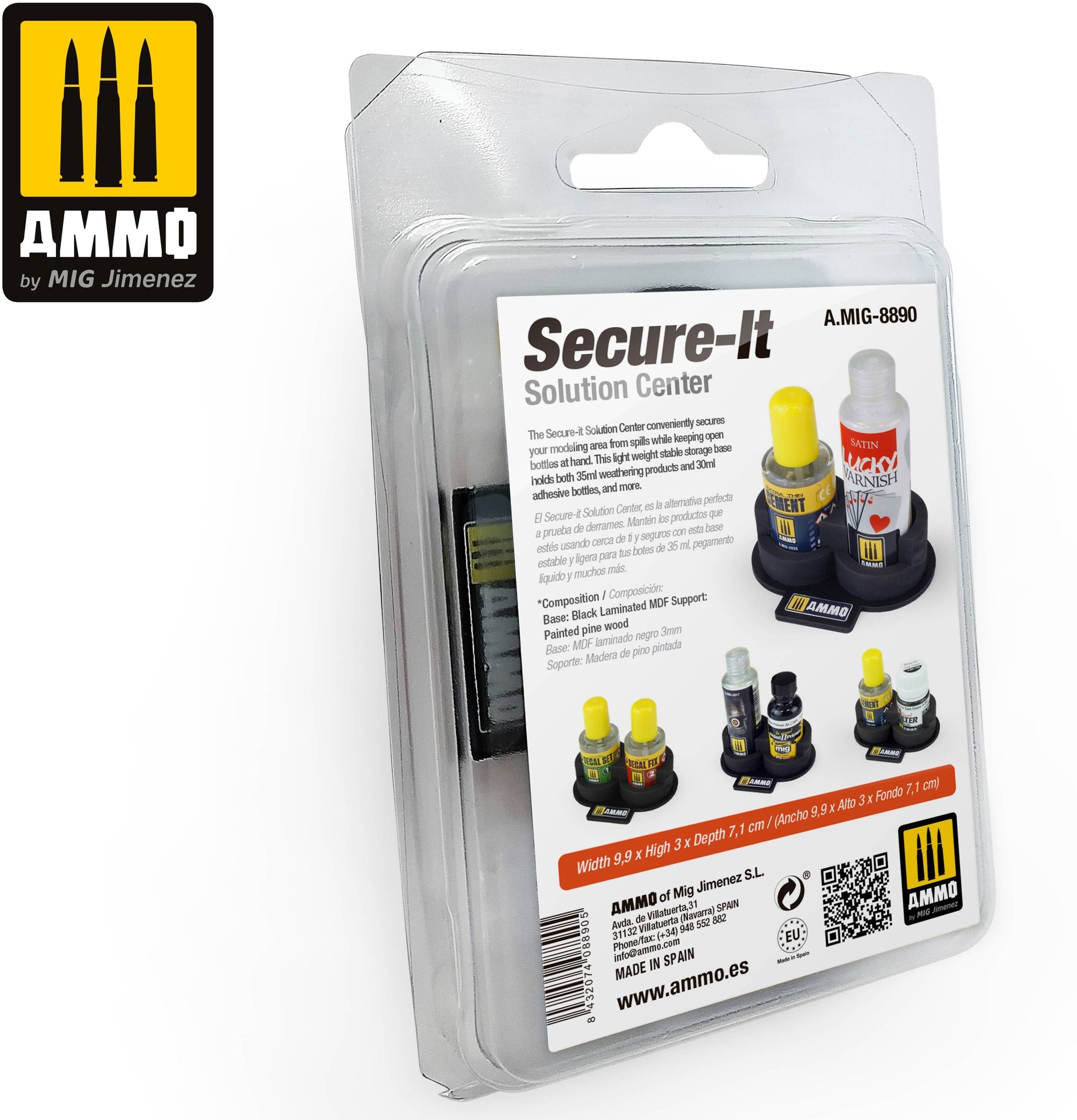 AMMO Secure-It Solution Center in blister packaging. Black base securely holds modeling glue/paint bottles, preventing spills.