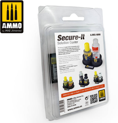AMMO Secure-It Solution Center in blister packaging. Black base securely holds modeling glue/paint bottles, preventing spills.