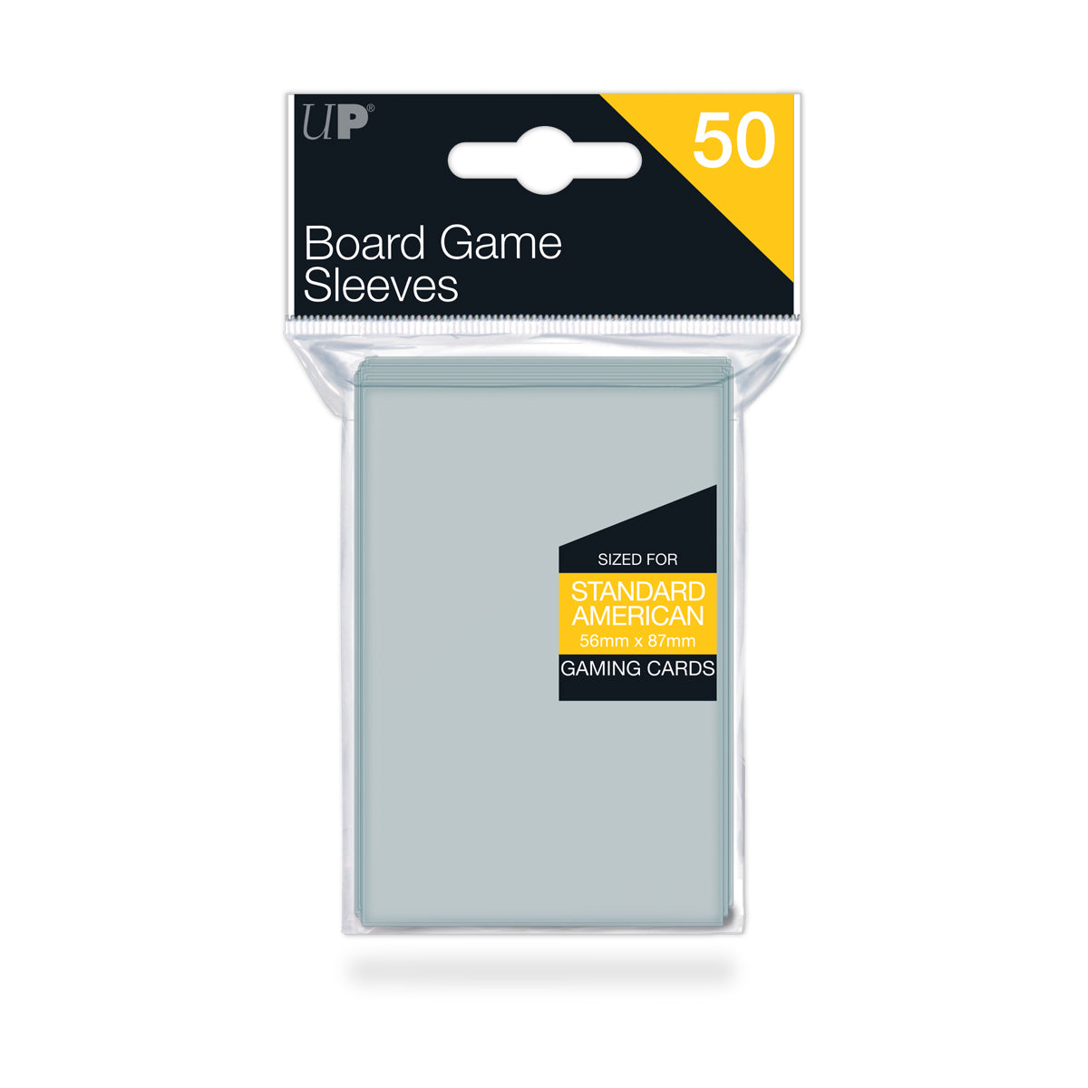 Package of 50 clear UP Board Game Sleeves for Standard American 56x87mm gaming cards