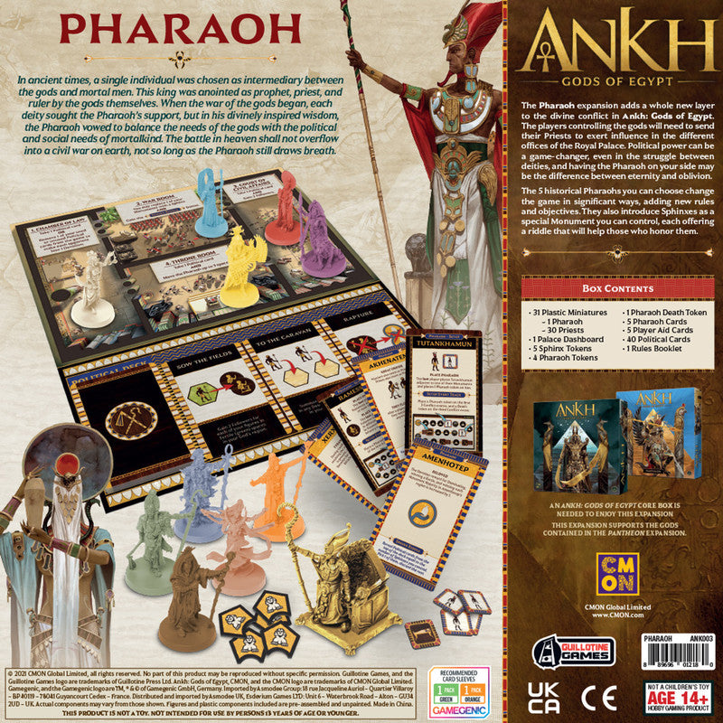 Ankh Gods of Egypt Pharaoh expansion box with game board colorful miniatures and rulebook displaying components