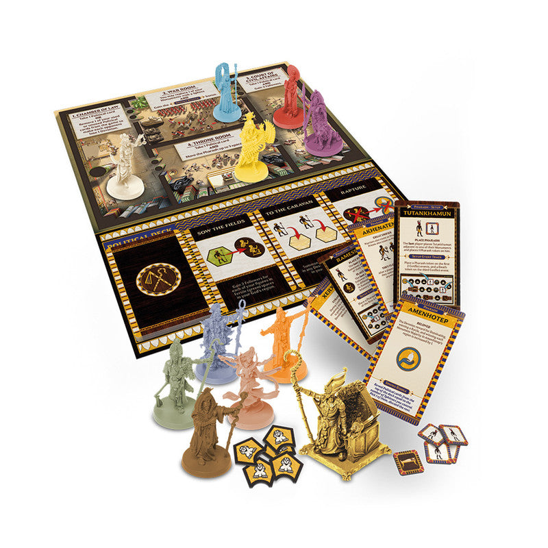 Ankh Gods of Egypt Pharaoh Expansion board game with colorful miniatures gold Pharaoh statue game board and character cards displayed