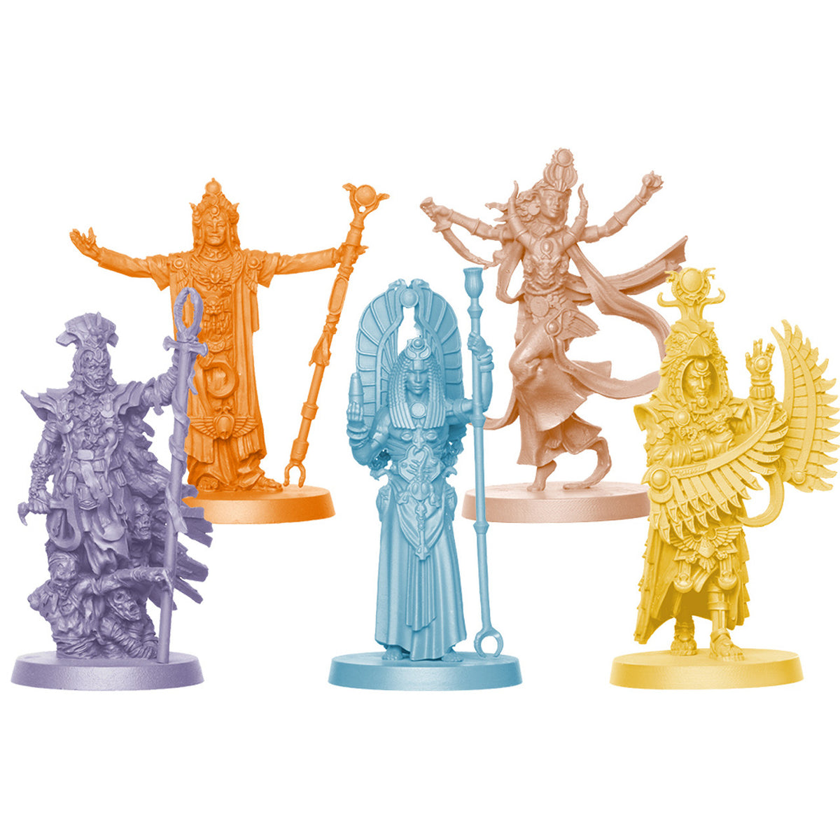 Ankh Gods of Egypt Pharaoh Expansion board game miniatures in various colors a purple warrior an orange pharaoh a light blue queen a bronze multi-armed deity and a yellow winged god