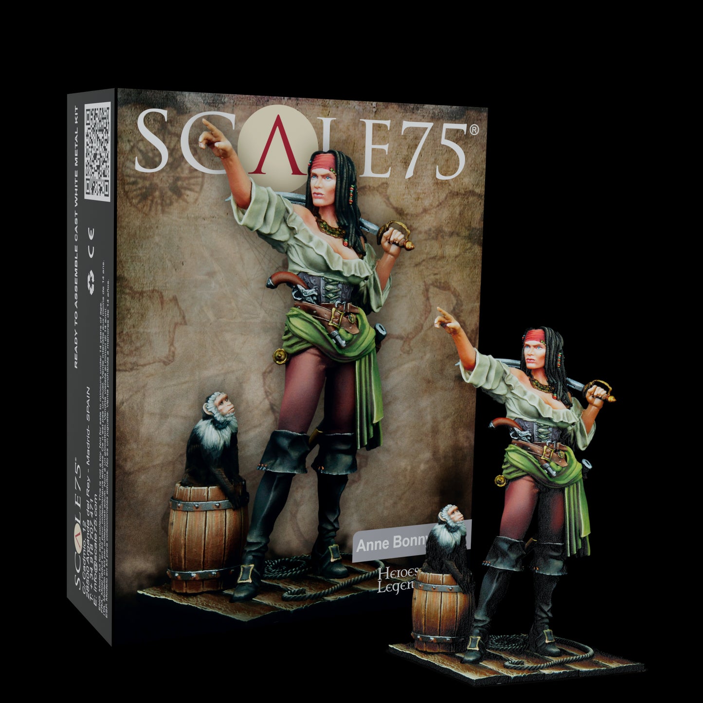 A SCALE75 "Anne Bonny" white metal miniature kit box alongside its painted figure. The female pirate points with a sword, next to a monkey on a barrel.