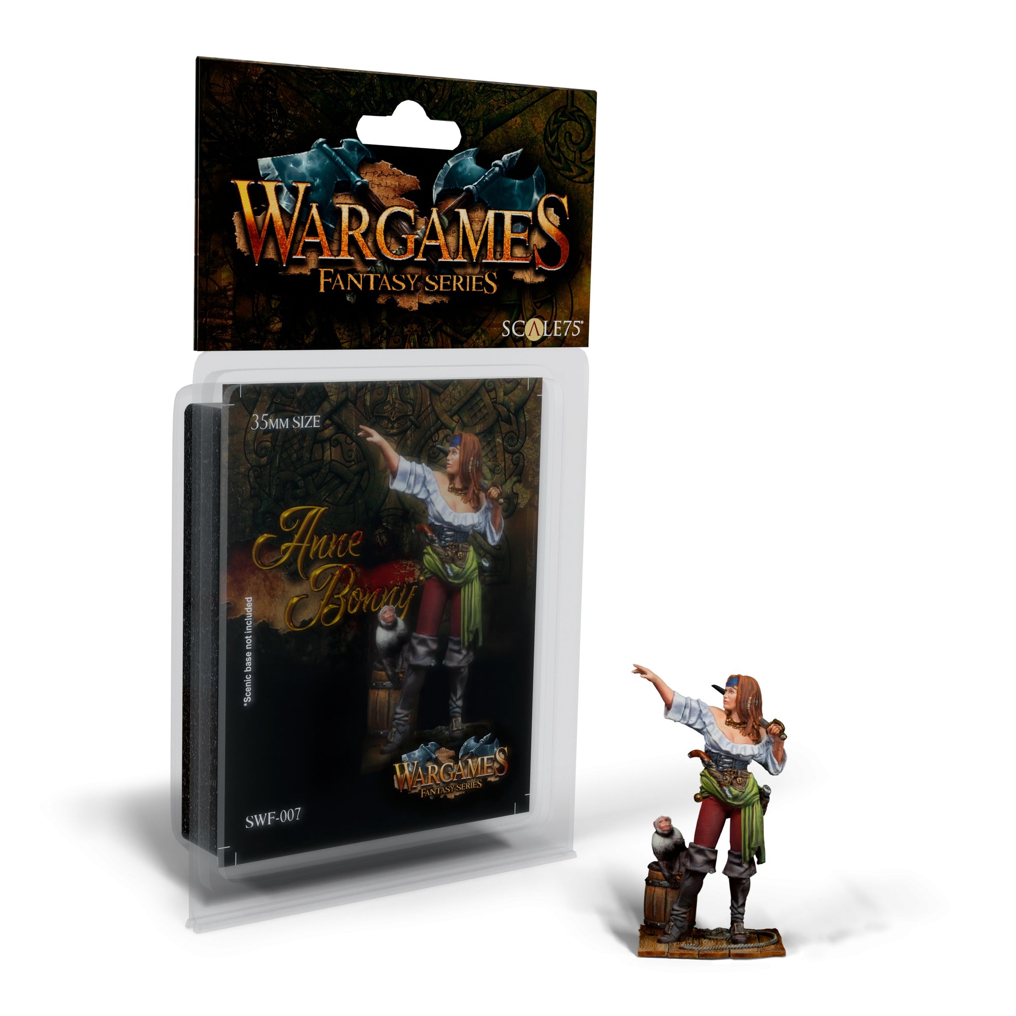 Wargames Fantasy Series miniature of Anne Bonny, a female pirate with a pistol and monkey, next to her packaging.
